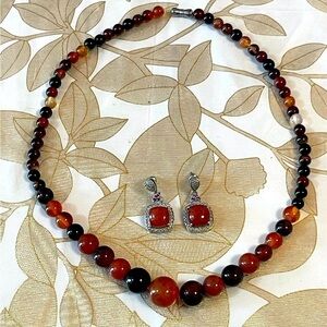 KARIS carnelian Sterling Silver Earring And Carnelian Beaded Necklace